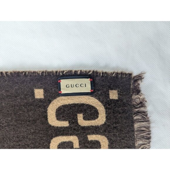 Gucci Jacquard GG Monogram Pattern Wool Silk Scarf Brown/Beige Made in Italy. - Picture 2 of 6